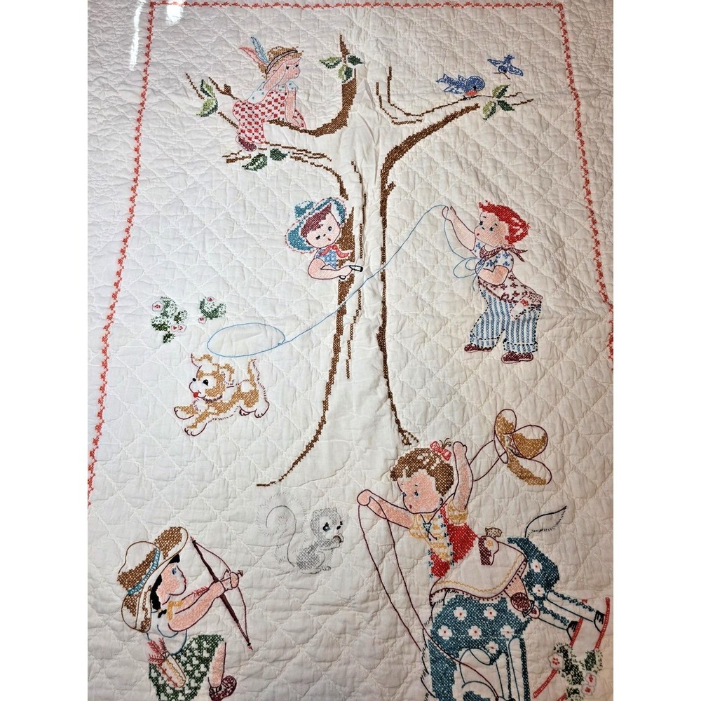 Vintage‎ 1930s Hand Quilted Crib Blanket Nursery Wall Decor Quilt Story Children